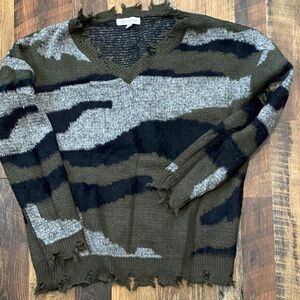 Distressed V-Neck Camouflage Sweater